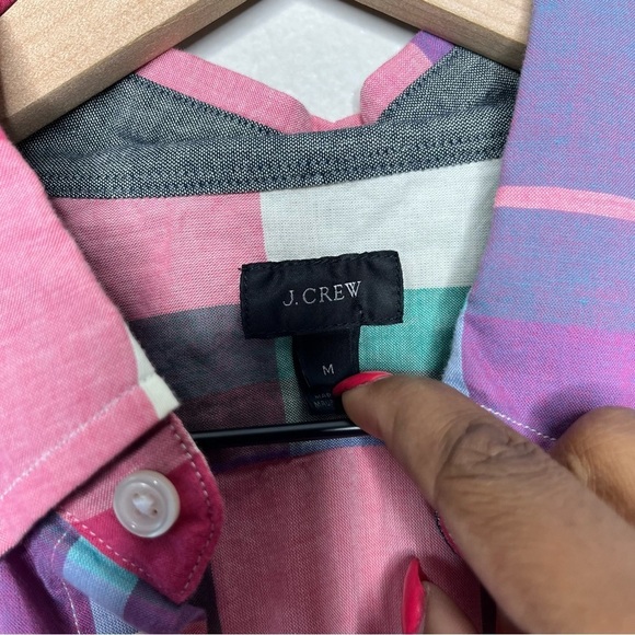 J. Crew Men Shirt Medium Madras Plaid Pocket Holiday Button Down Pink Cream Blue - Picture 3 of 8